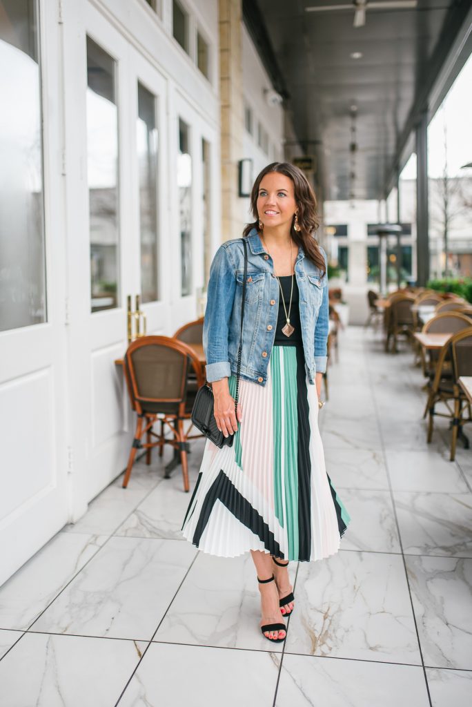 Spring office outfit | pleated midi skirt | denim jacket | Petite Fashion Blogger Lady in Violet