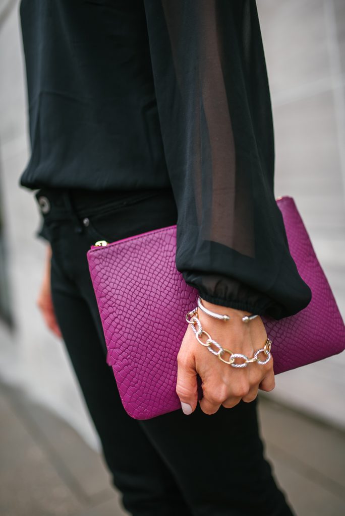 Date night outfit | dark pink clutch | links bracelet | Houston Fashion Blogger Lady in Violet