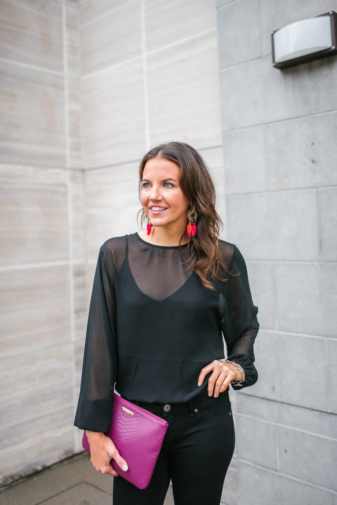 Fall outfits | sheer black bodysuit | feather earrings | Houston Fashion Blog Lady in Violet