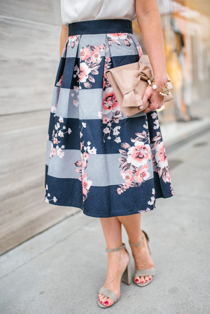 Petite fashion | floral midi skirt | block heel sandals | Houston Style Blogger Lady in Violet