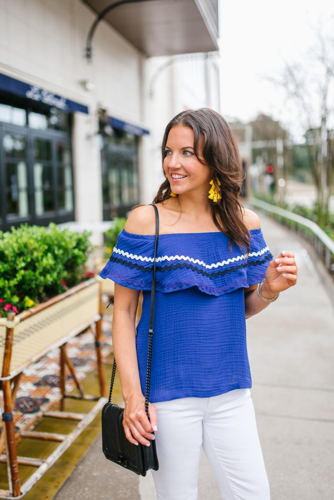 spring outfit | blue ruffle off the shoulder top | yellow earrings | Houston Fashion Blogger Lady in Violet