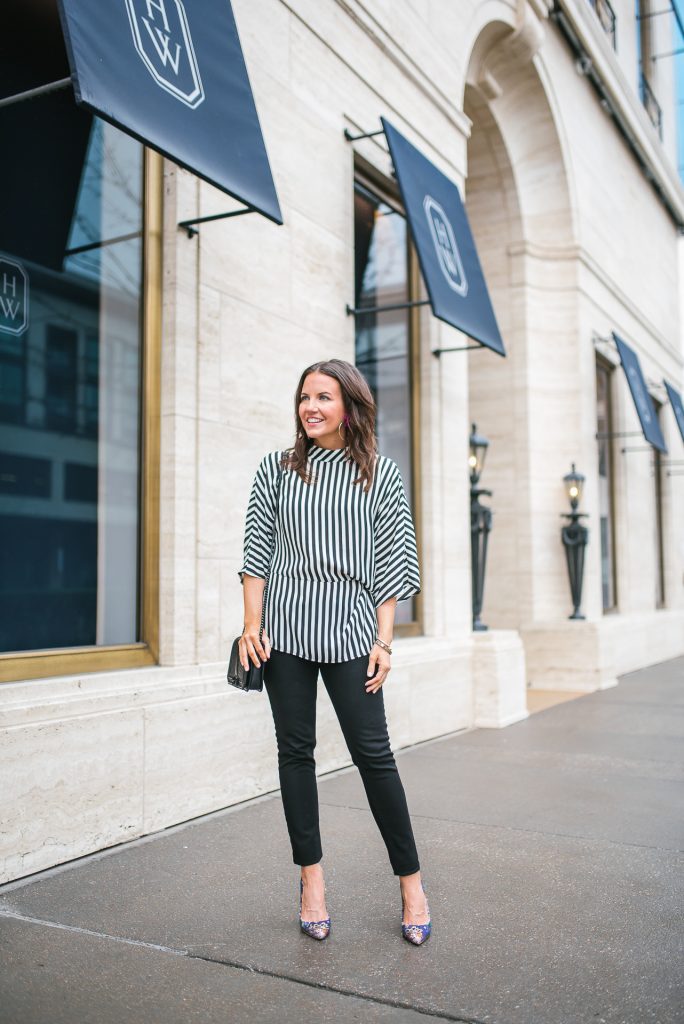 Date night outfit | striped top | black skinny jeans | Petite Fashion Blogger Lady in Violet