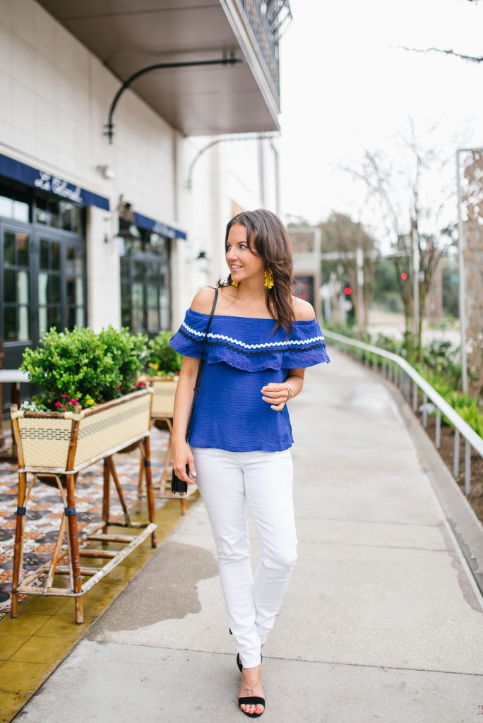 spring outfit | blue off the shoulder top | white jeans | Houston Fashion Blogger Lady in Violet