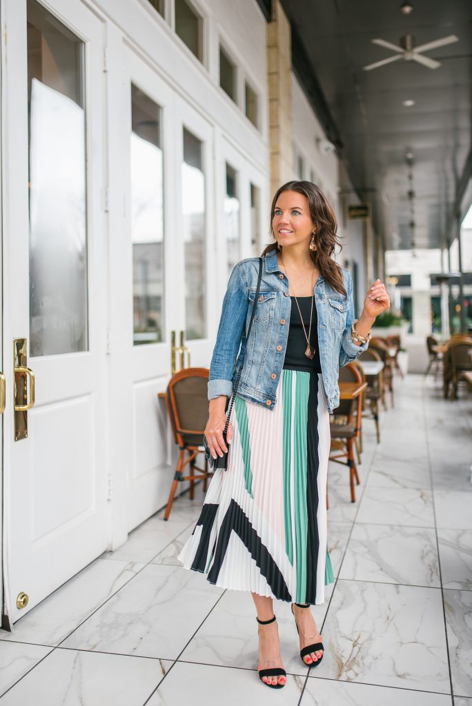 spring outfit | pleated midi skirt | denim jacket | Houston Fashion Blogger Lady in Violet