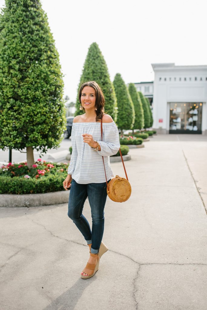 spring outfit | blue off the shoulder top | brown wedge sandals | Petite Fashion Blogger Lady in Violet