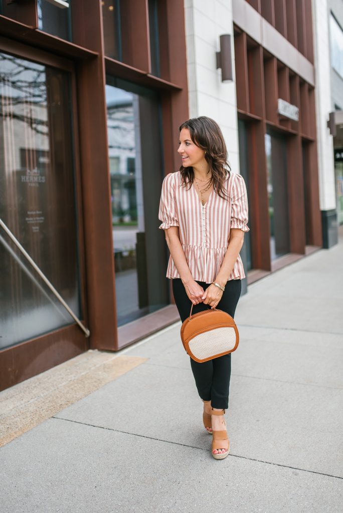 spring outfit | pink striped top | brown wedges | Petite Fashion Blogger Lady in Violet