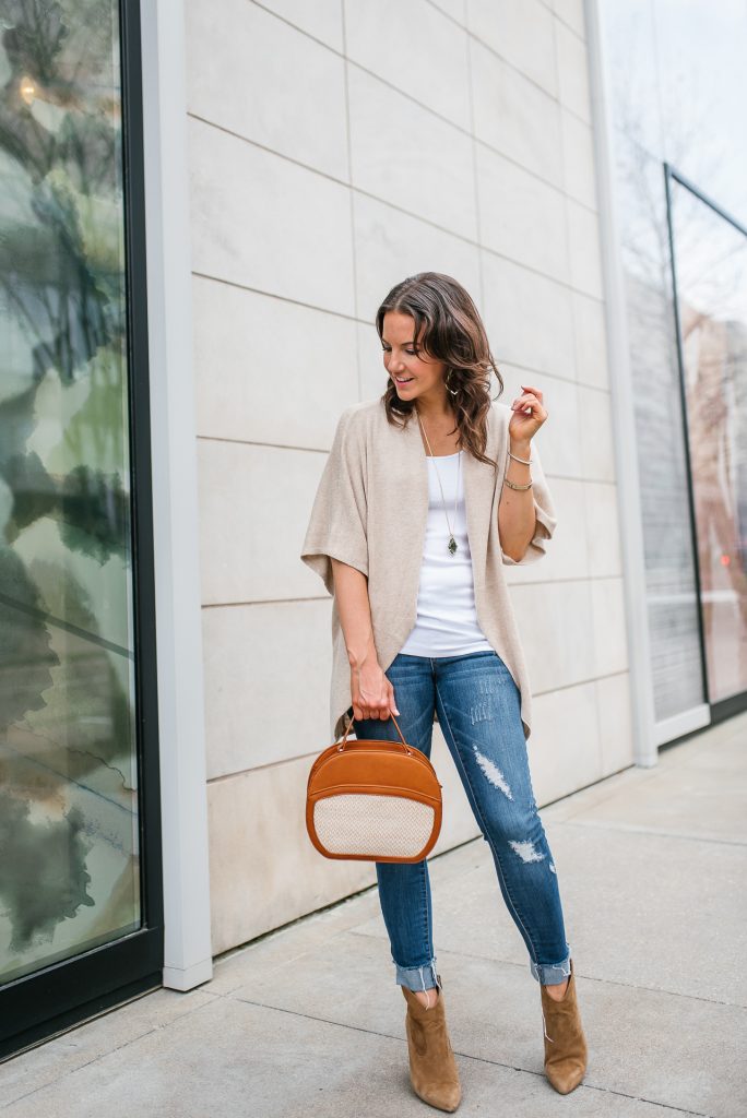 spring outfit | short sleeve cardigan | distressed jeans | Petite Fashion Blogger Lady in Violet