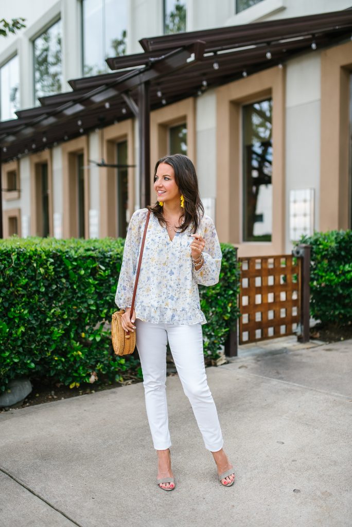 spring outfit | white floral blouse | nude colored sandals | Petite Fashion Blogger Lady in Violet