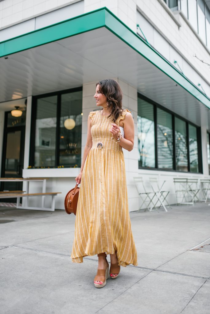 spring outfit | yellow maxi dress | wedge sandals | Petite Fashion Blogger Lady in Violet