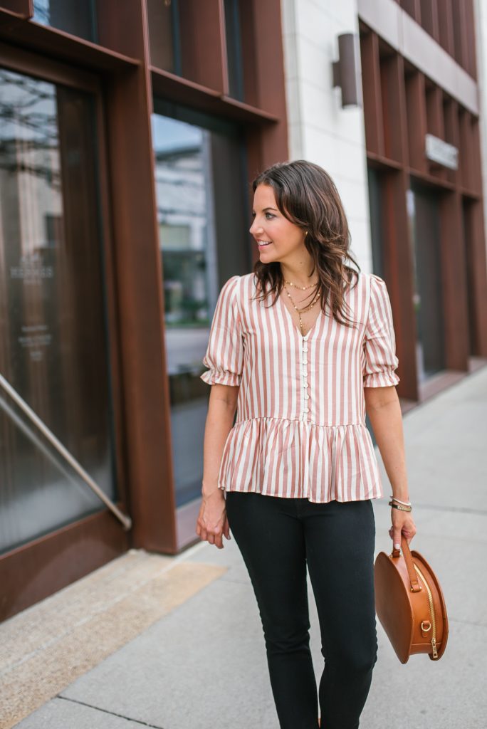 Casual outfit | pink ruffle hem top | layered necklace | Houston Fashion Blogger Lady in Violet