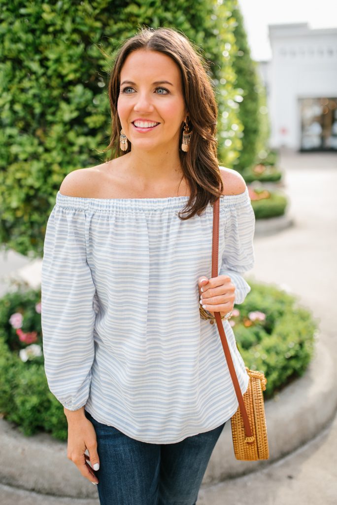 casual outfit | striped off the shoulder top | rose gold earrings | Houston Fashion Blogger Karen Kocich