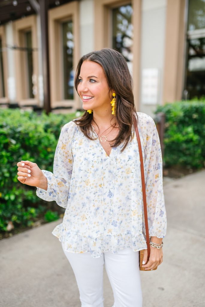 casual spring outfit | yellow blue floral blouse | statement earrings | Houston Fashion Blogger Karen Kocich