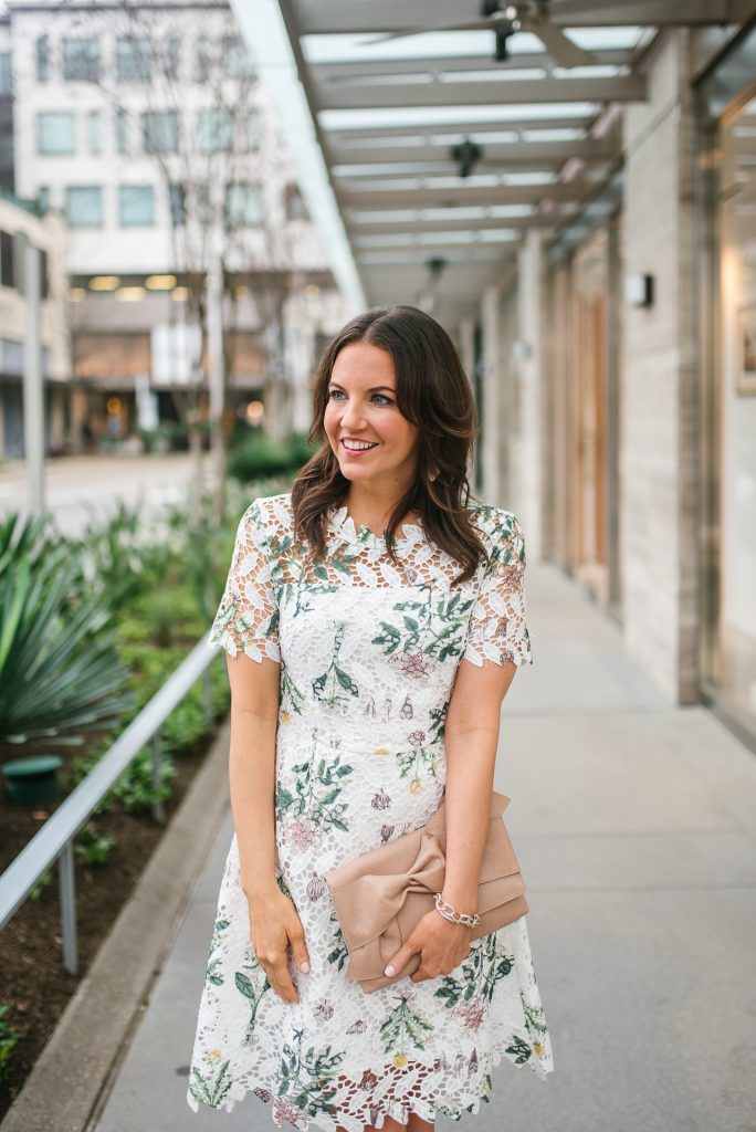 floral lace dress | easter outfit | nude colored clutch | Houston Fashion Blogger Lady in Violet