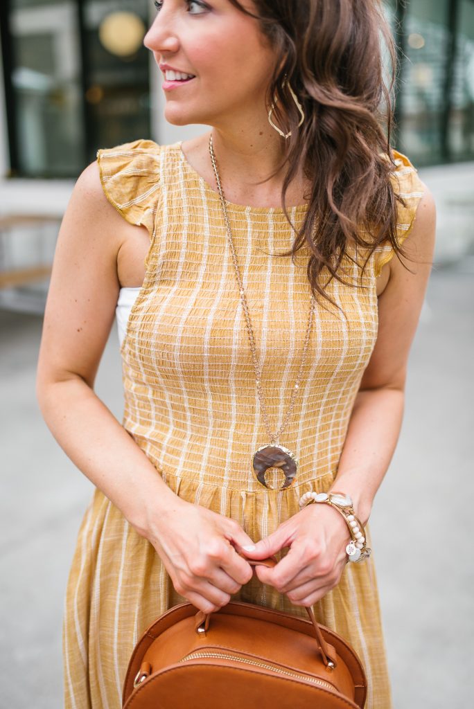 Summer outfit | yellow dress | stone pendant necklace | Houston Fashion Blogger Karen Kocich