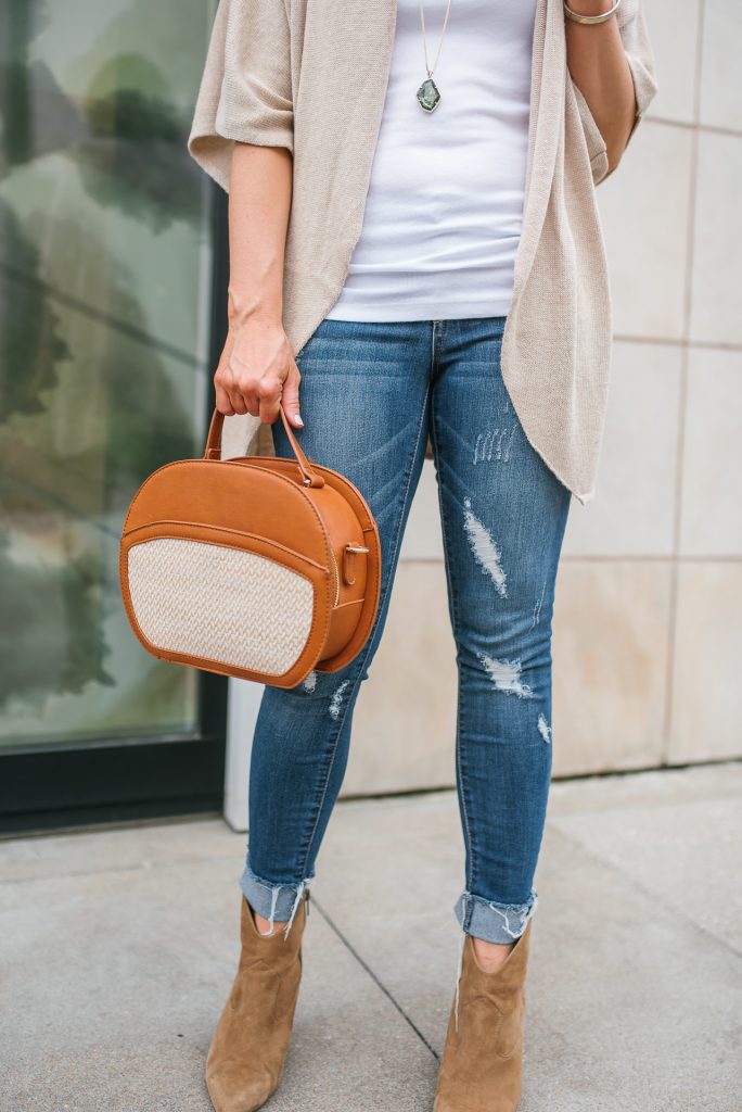casual outfit | distressed jeans | brown booties | Houston Fashion Blogger Lady in Violet