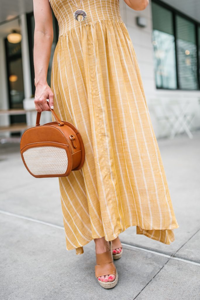 spring outfit | yellow maxi dress | brown wedges | Petite Fashion Blogger Lady in Violet