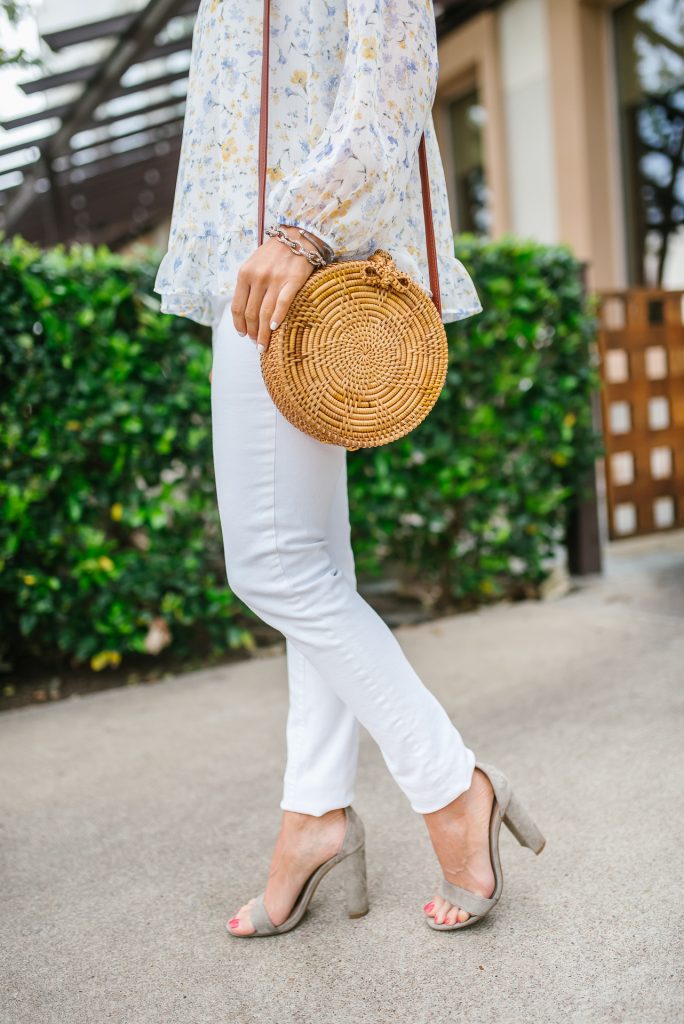 summer outfit | white jeans | straw circle bag | Petite Fashion Blogger Lady in Violet