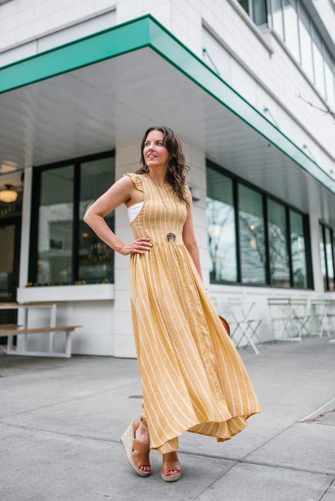 casual outfit | yellow free people dress | brown wedge sandals | Houston Fashion Blogger Lady in Violet