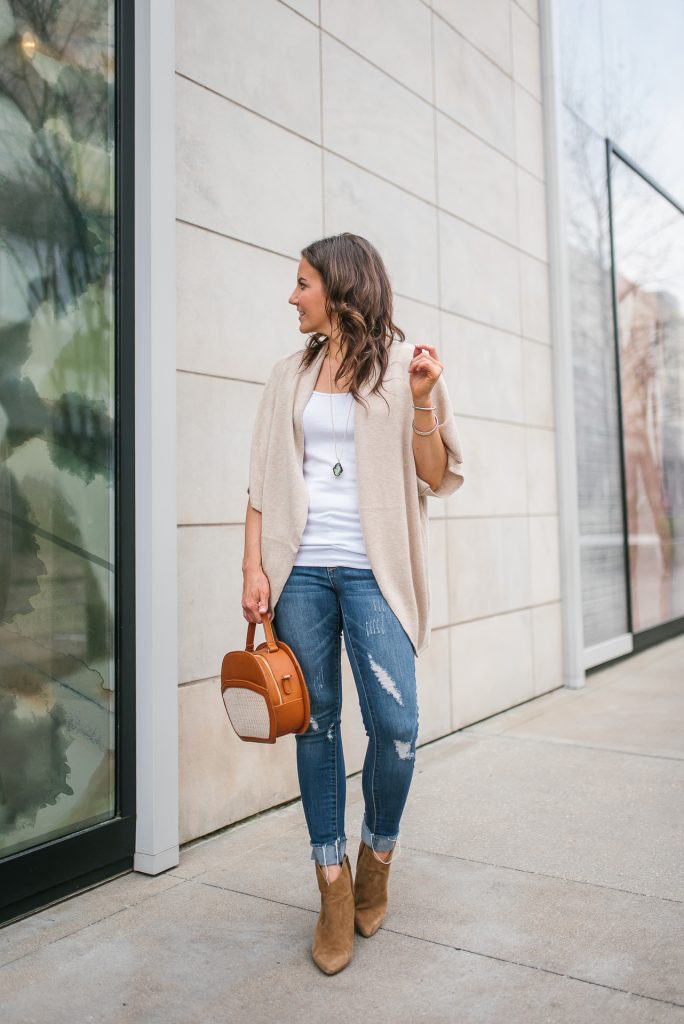 Layered outfit | beige cardigan | cuffed jeans | Petite Fashion Blogger Lady in Violet