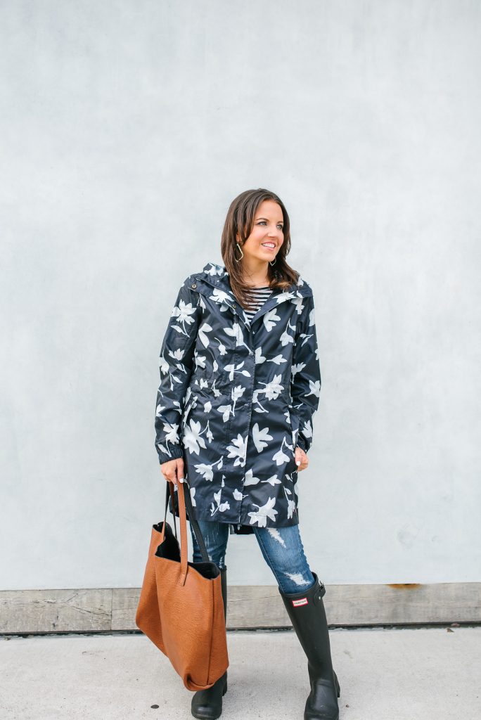 navy floral rain coat | distressed jeans | black hunter boots | Petite Fashion Blogger Lady in Violet