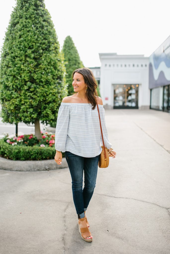 weekend outfit | off the shoulder top | dark wash jeans | Houston Fashion Blogger Lady in Violet