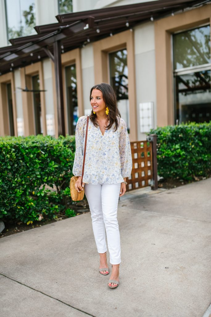 casual outfit | white floral top | block heel sandals | Petite Fashion Blogger Lady in Violet