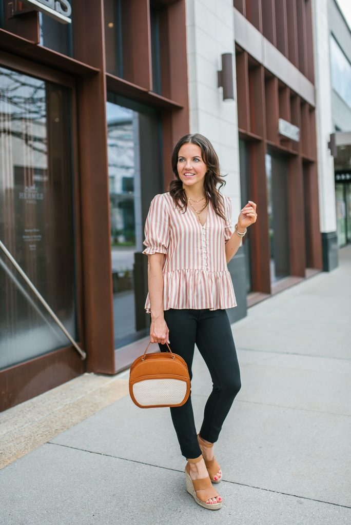 casual spring outfit | ruffle hem top | brown crossbody bag | Houston Fashion Blogger Lady in Violet