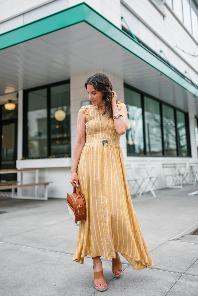 casual summer outfit | long yellow dress | wedge sandals | Petite Fashion Blogger Lady in Violet