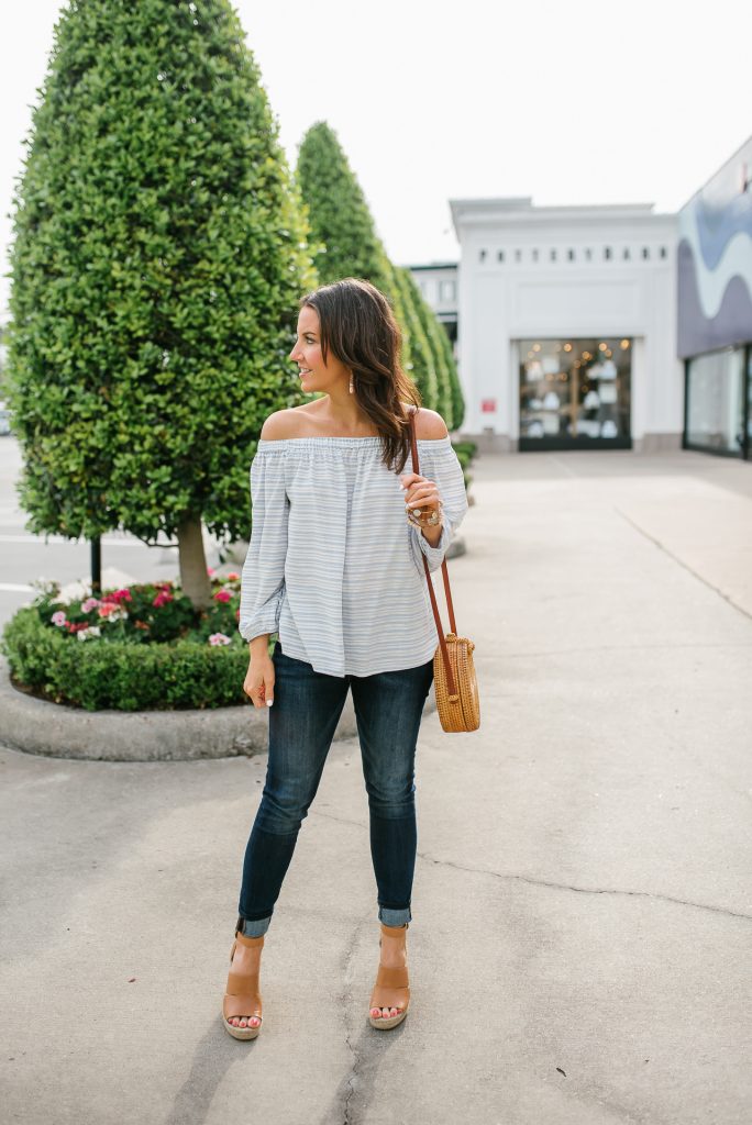 Spring outfit | blue off the shoulder top | dark wash skinny jeans | Petite Fashion Blogger Lady in Violet