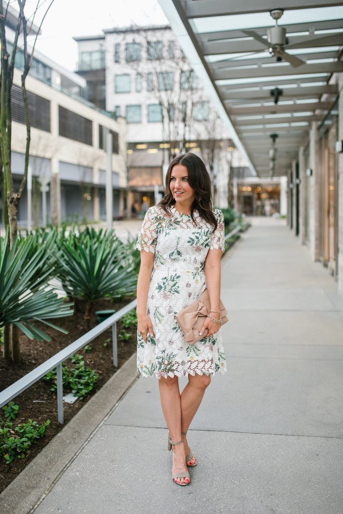 spring outfit | floral white dress | taupe sandals | Petite Fashion Blogger Lady in Violet