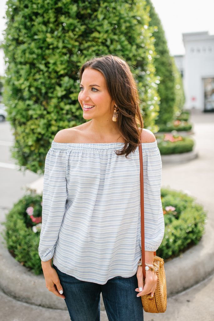 casual spring outfit | striped off the shoulder blouse | rose gold earrings | Houston Fashion Blogger Lady in Violet