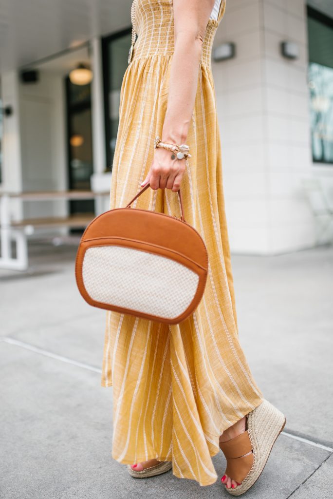 casual weekend outfit | yellow maxi dress | brown crossbody bag | Houston Fashion Blogger Lady in Violet