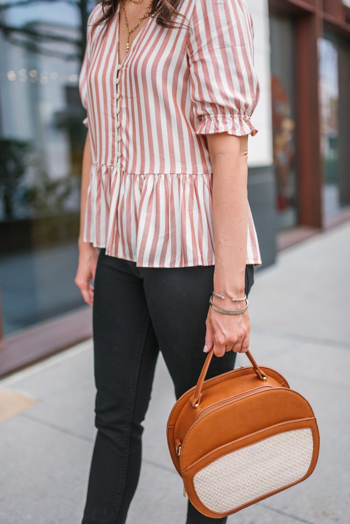 spring outfit | pink striped top | black jeans | Houston Fashion Blogger Lady in Violet