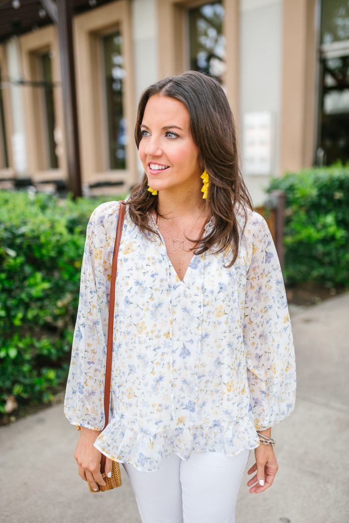 spring outfit | yellow earrings | floral top | Houston Fashion Blogger Lady in Violet