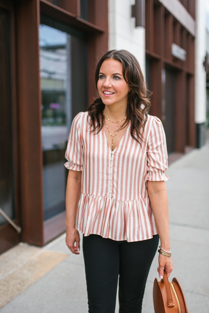 casual outfit | layered gold necklace | pink ruffle top | Houston Fashion Blogger Lady in Violet