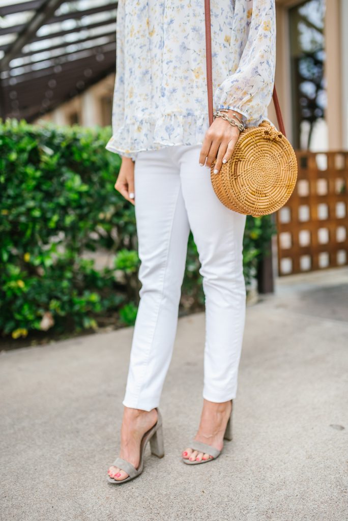 weekend outfit | block heel sandals | circle straw bag | Houston Fashion Blogger Lady in Violet