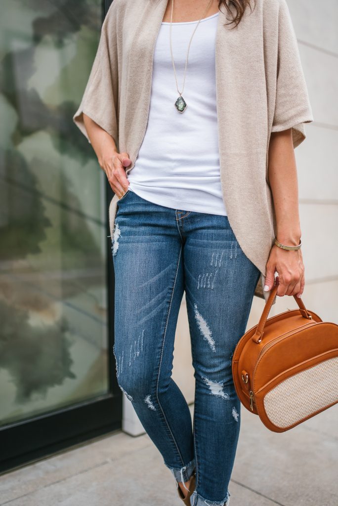 casual outfit | short sleeve cardigan | white tank top | Petite Fashion Blogger Lady in Violet