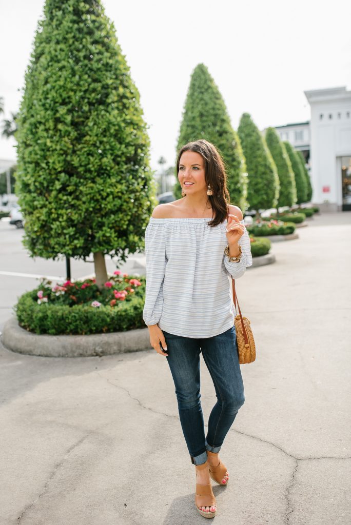 spring outfit | off the shoulder top | dark blue cuffed jeans | Petite Fashion Blogger Lady in Violet