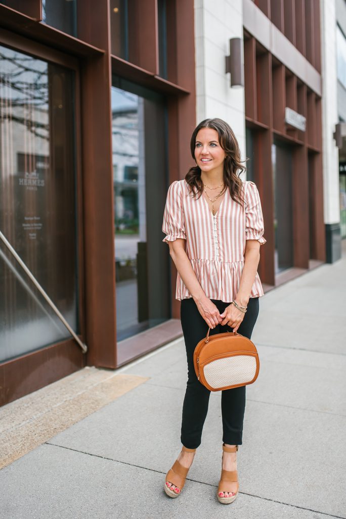 spring outfit | pink striped top | brown wedge sandals | Houston Fashion Blogger Lady in Violet