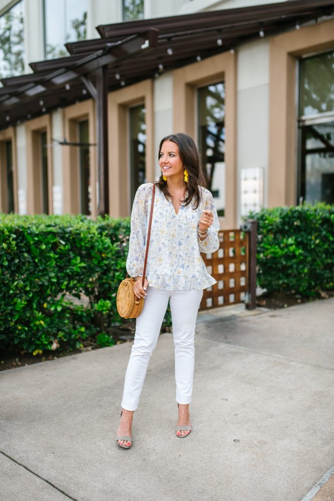 spring outfit | White floral blouse | white denim | Petite Fashion Blogger Lady in Violet