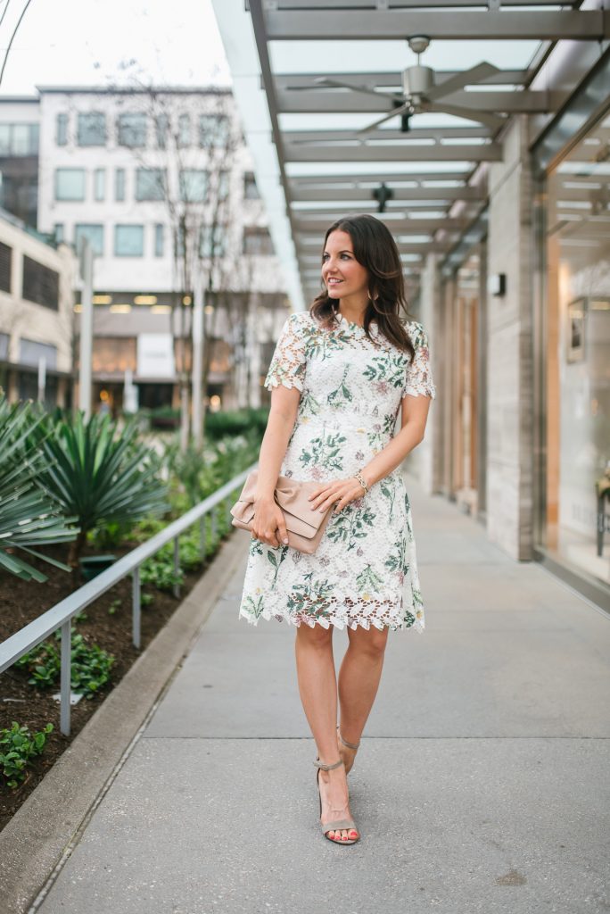 spring outfits | floral lace dress | pink earrings | Houston Fashion Blogger Lady in violet