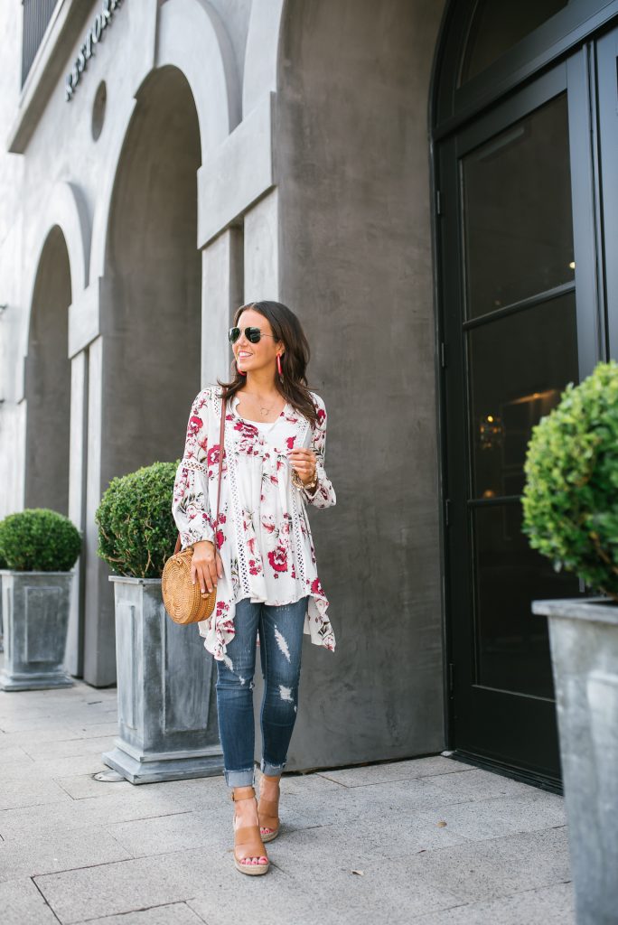 spring outfit | white floral tunic | brown wedge sandals | Petite Fashion Blogger Lady in Violet