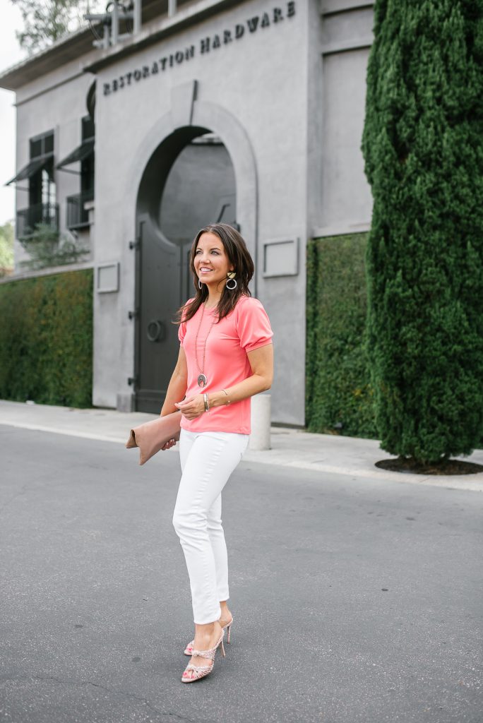 summer outfit | coral puff sleeve top | white skinny jeans | Petite Fashion Blogger Lady in Violet