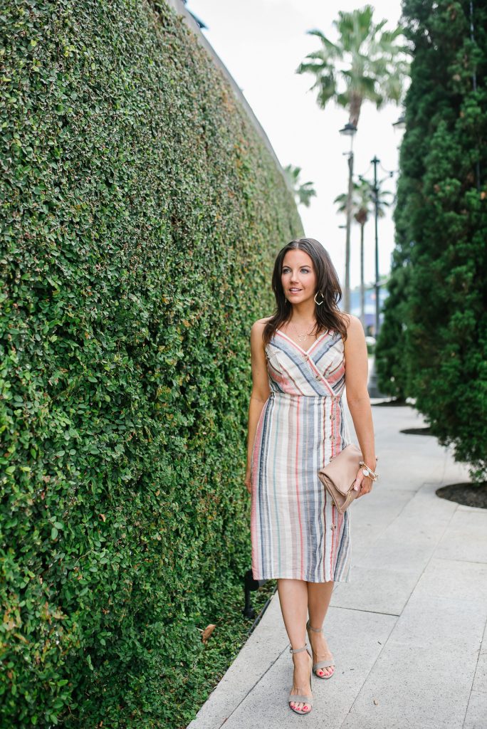 summer outfit | striped midi dress | block heel sandals | Petite Fashion Blogger Lady in Violet