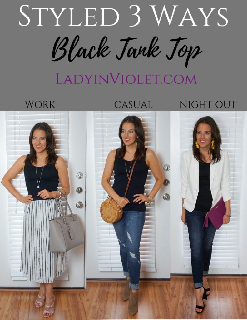 three ways to wear a black tank top to work, casual outfit, and date night look by Petite Fashion Blogger Lady in Violet