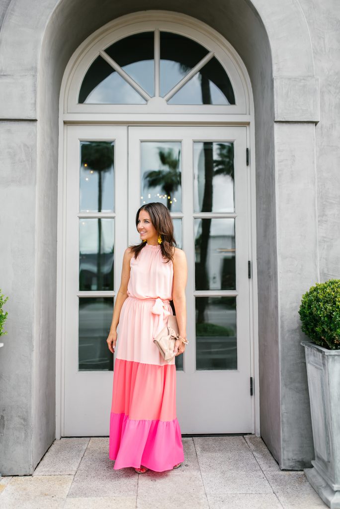 what to wear to a summer wedding | colorblock maxi dress | Petite Fashion Blogger Lady in Violet