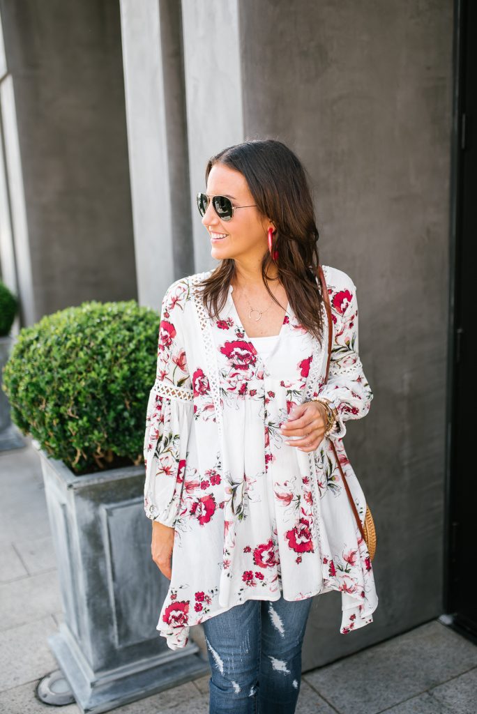 spring outfit | white floral top | pink statement hoop earrings | Houston Fashion Blogger Lady in Violet