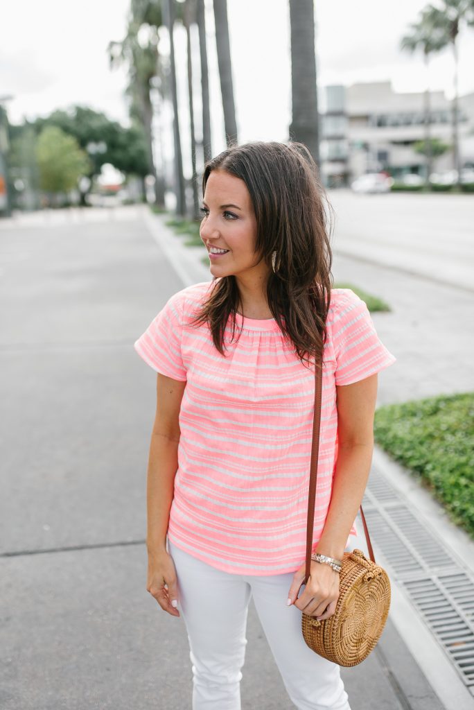 summer outfit | neon pink striped top | circle straw crossbody bag | Houston Fashion Blogger Lady in Violet