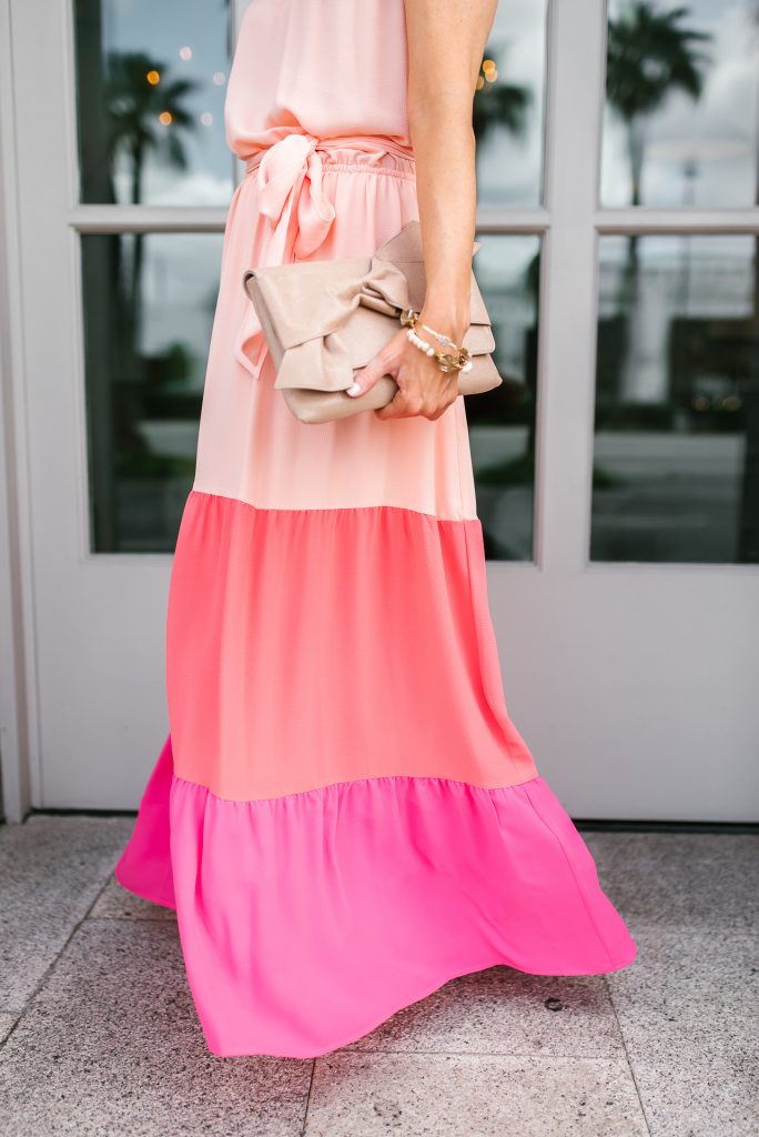 summer outfit | pink color block maxi dress | stone bangles | Houston Fashion Blogger Lady in Violet