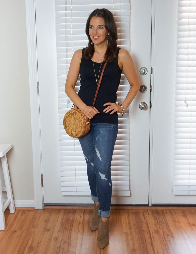 casual summer outfit | black tank top | distressed jeans | booties | Petite Fashion Blogger Lady in Violet